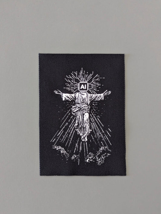 Black patch with white illustration of a prophet with 'AI' on its head, symbolizing humanity will depend on Artificial Intelligence 